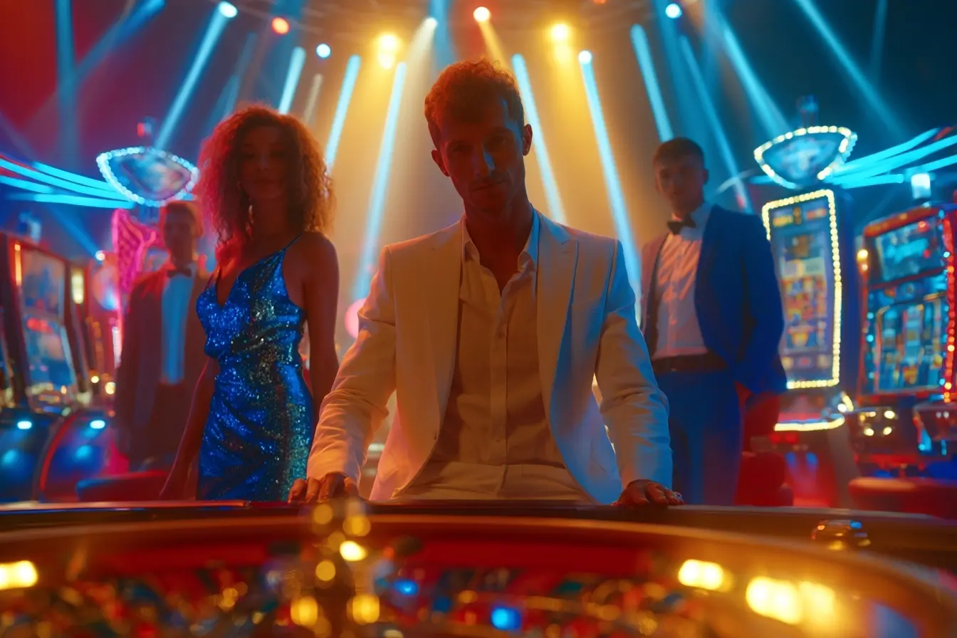 Un grupo de adultos alrededor de una ruleta bajo luces azules, rosas y doradas.