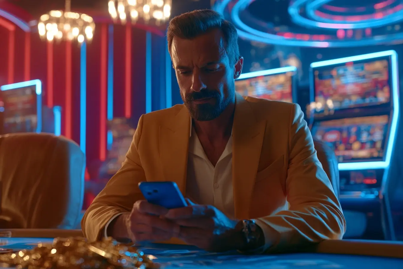 Un hombre con saco dorado consulta su celular junto a una mesa de ruleta.