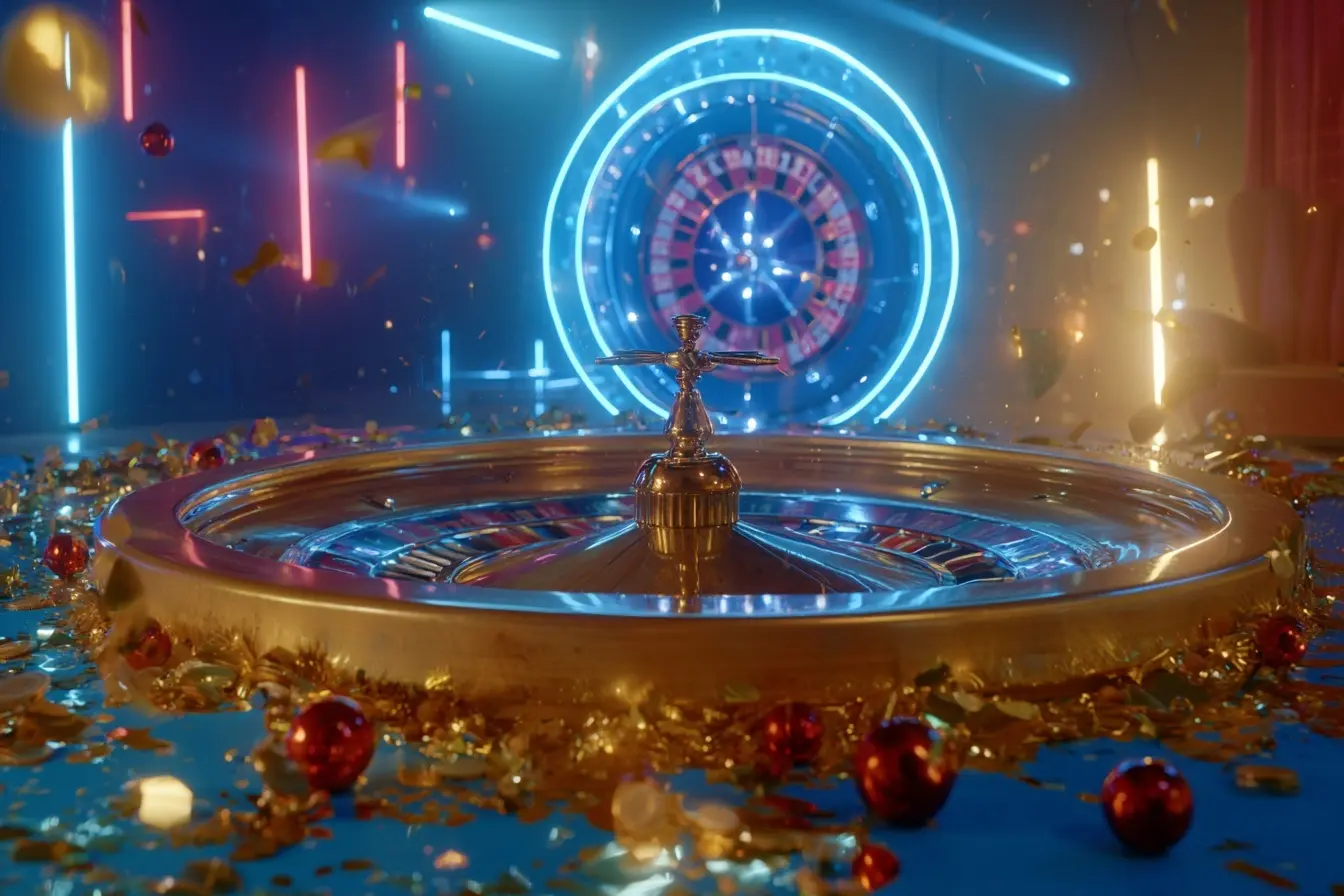 Una ruleta dorada rodeada de luces de neón azules, rosas y doradas.